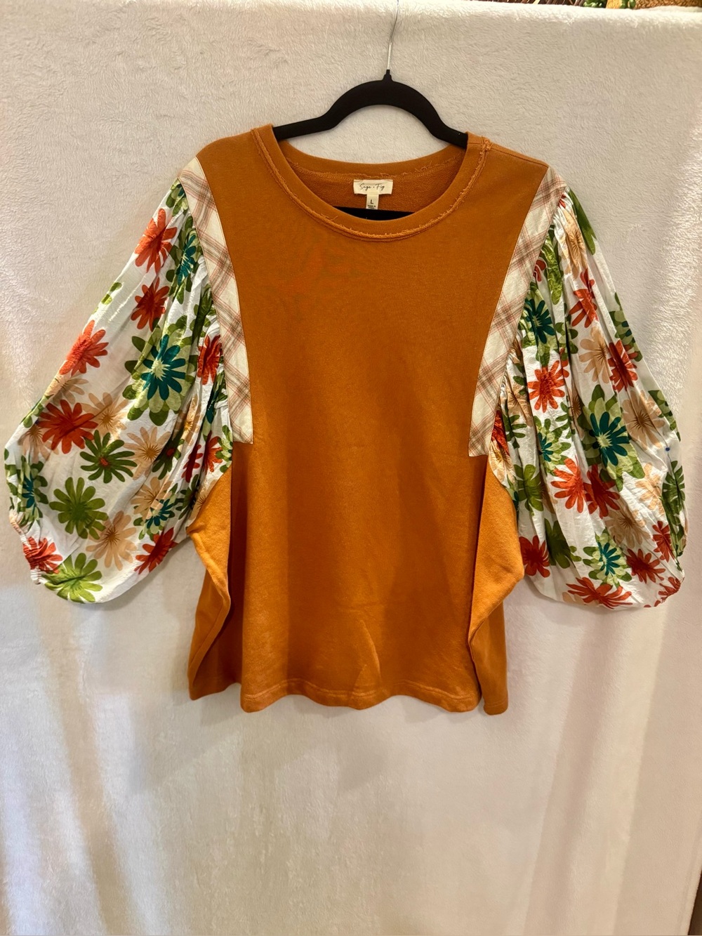 Pixley Rust Orange Knit Top with Floral Balloon Sleeves